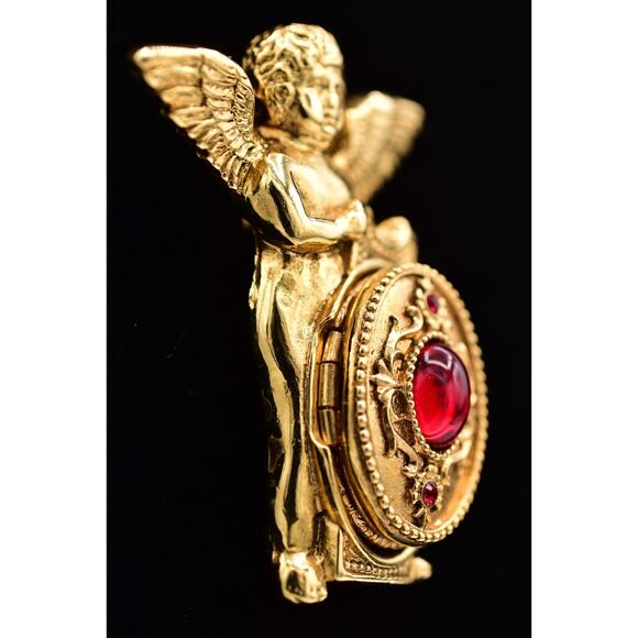 Vatican Library Vintage Angel Cherub Locket Pin Brooch Red Cabochon Signed BinBI - Picture 2 of 12